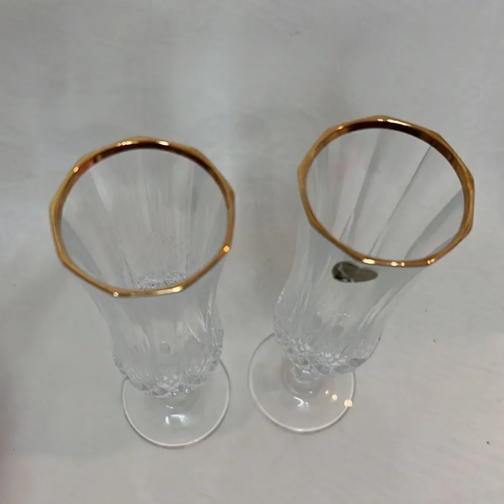 Cristal De Arques Crystal 24 K Gold Trim Long Stem Flutes 8 In Tall 2 In Round